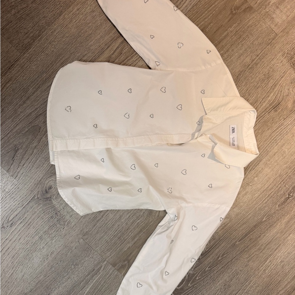 Kids Zara White Button-Up Shirt with Tiny Hearts in stones